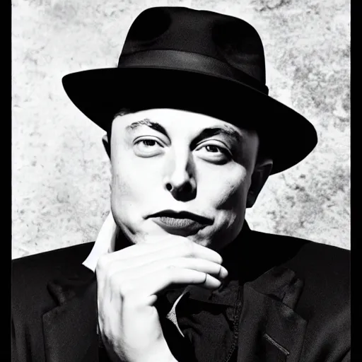 Prompt: a glamorous black and white portrait of elon musk with a hat, in the style of helmut newton