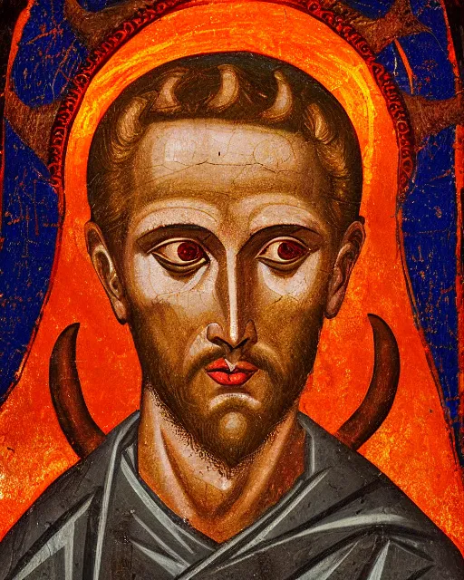 Image similar to byzantine fresco of demonic aloysius stepinac with bright orange eyes and demonic horns, sun ray, shaft of light, vivid colors, high production value, intricate details, high resolution, hyperrealistic, hdr, high definition, masterpiece, ultra realistic, highly detailed, hd, sharp focus, non blurry, sharp, smooth