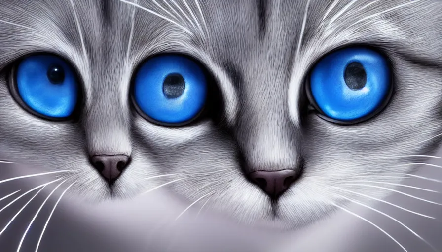 Image similar to cute cat with bright shiny blue eyes, hyperdetailed, artstation, cgsociety, 8 k