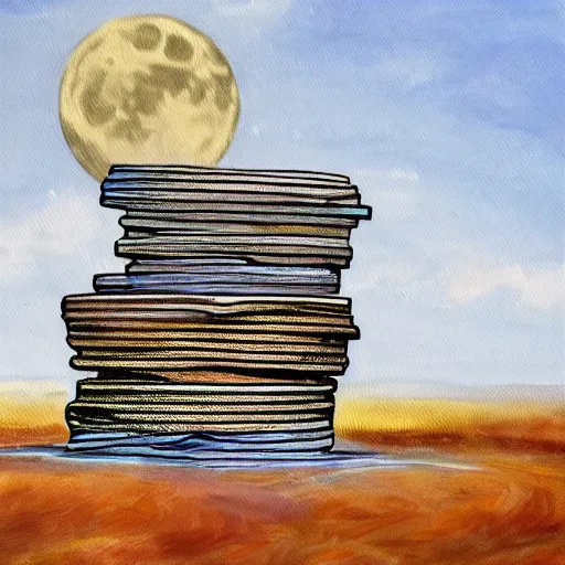 Image similar to a painting of a giant stack of coins heading towards the moon