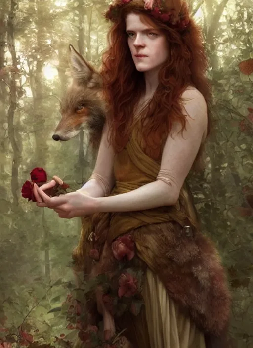 Prompt: portrait Rose Leslie as fox in the forest, full length shot, shining, 8k highly detailed, sharp focus, illustration, art by artgerm, mucha, bouguereau