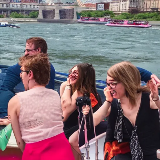 Prompt: nerds laughing on a boat in Budapest with a live band in the background