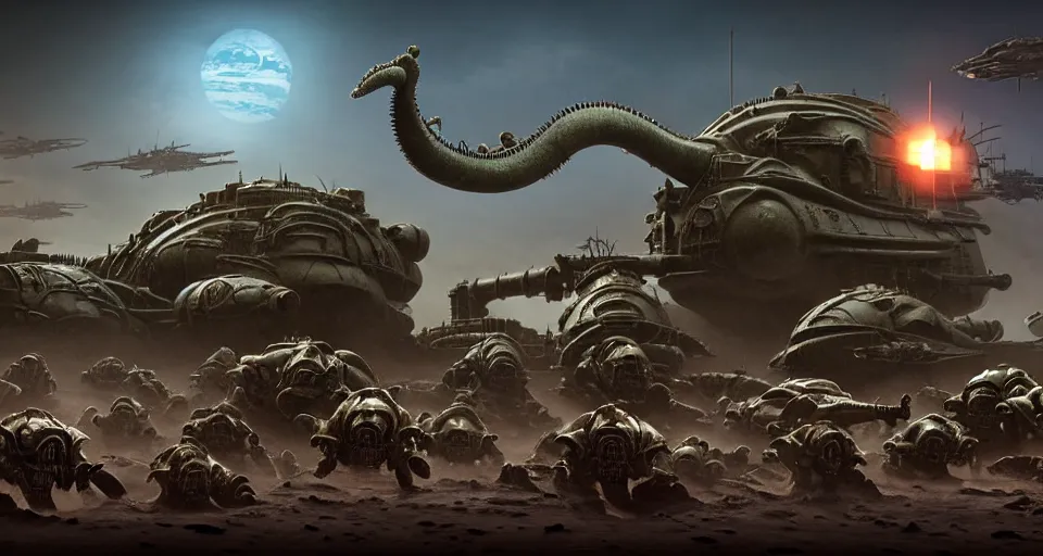 Prompt: pixar sarlacc demons running brontosaurus atat googly eyes, military tank fury road iron smelting pits space marines, highly detailed cinematic scifi render of 3 d sculpt of spiked gears of war skulls, military chris foss, john harris, hoover dam'aircraft carrier tower'beeple, warhammer 4 0 k, halo, halo, mass effect