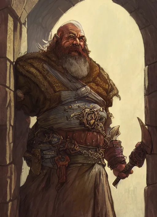 Image similar to Hulgen the dwarf. A humble dwarven stone mason completes the great gate of kings. Fantasy concept art. Moody Epic painting by James Gurney, and Alphonso Mucha. ArtstationHQ. painting with Vivid color. (Dragon age, witcher 3, lotr)