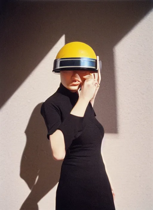 Image similar to a fashion portrait photograph of a woman wearing a helmet designed by tadao ando, 3 5 mm, color film camera,