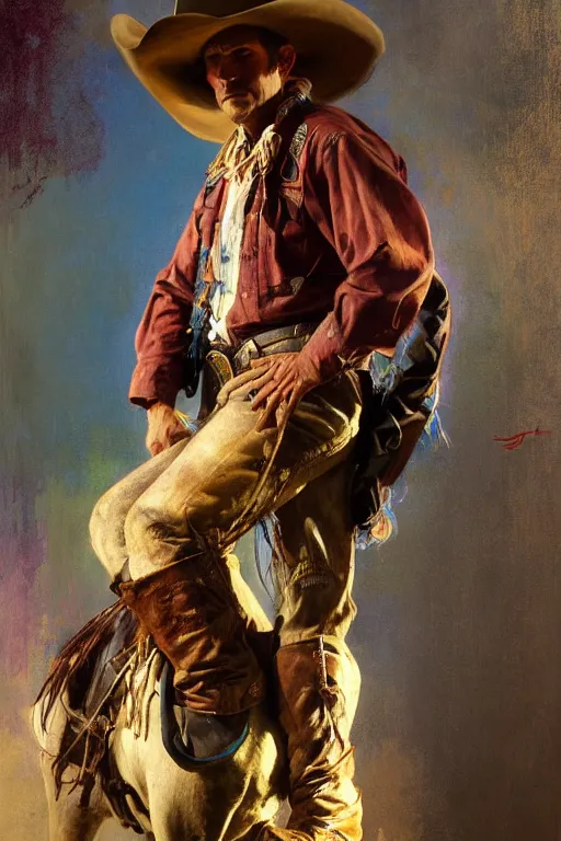 Image similar to hyperrealist portrait of a rodeo cowboy by jeremy mann and alphonse mucha, fantasy art, photo realistic, dynamic lighting, artstation, poster, volumetric lighting, very detailed faces, 4 k, award winning