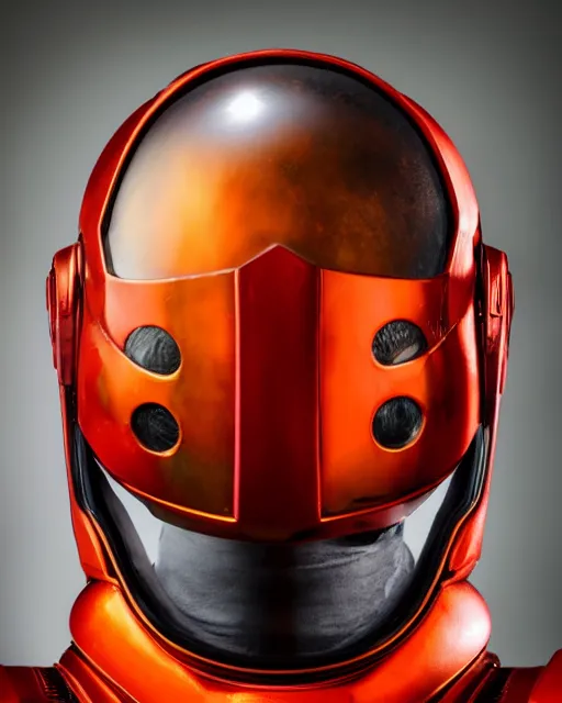 Image similar to helmet portrait of a figurine of samus aran's varia suit from the sci - fi nintendo videogame metroid. glossy. red round helmet, orange shoulder pads, green visor. shallow depth of field. suit of armor.