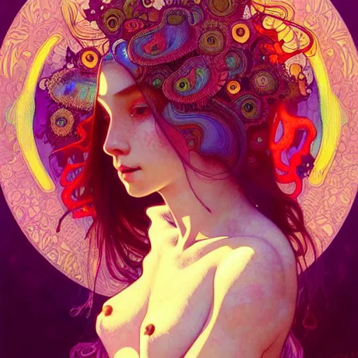 Image similar to A girl having an extremely colorful psychedelic experience, magic mushrooms, psilocybin, face, detailed, intricate, elegant, highly detailed, digital painting, artstation, concept art, smooth, sharp focus, illustration, art by Krenz Cushart and Artem Demura and alphonse mucha