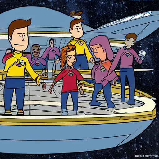 Prompt: a starfleet crew on the deck of their starship in the style of bill watterson high quality