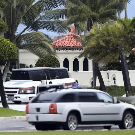 Image similar to mar-a-lago being raided by fbi agents in windbreakers, high detail, dark