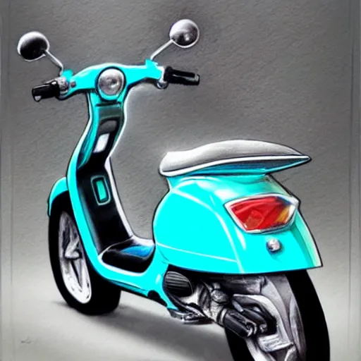 Image similar to a turquoise vespa moped, ultra realistic, concept art, intricate details, highly detailed, photorealistic, pencil and watercolor, art by artgerm and greg rutkowski