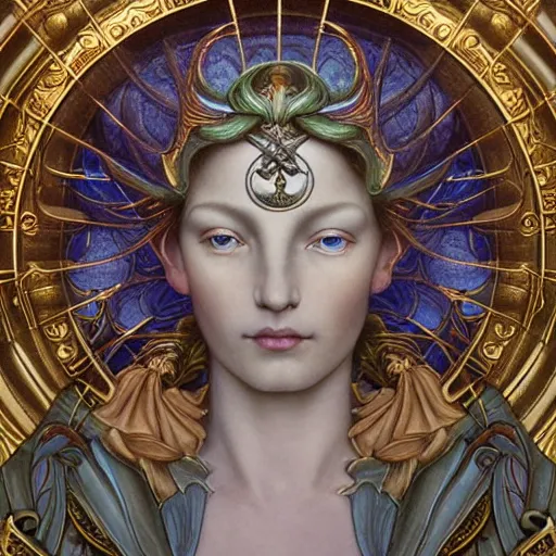 Prompt: masterpiece neoclassicist closeup renaissance portrait of an art deco fairy queen, glowing eyes. reflective detailed textures, highly detailed fantasy science fiction painting by evelyn de morgan and peter mohrbacher and annie swynnerton and jean delville and nicholas roerich and donato giancola, elaborate geometric ornament, ancient runes, silver and cool colors. artstation