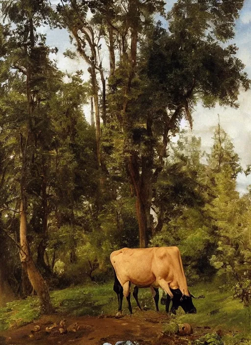 Prompt: artwork painting of a lush environment, a cow is grazing by eugene von guerard, ivan shishkin, john singer sargent