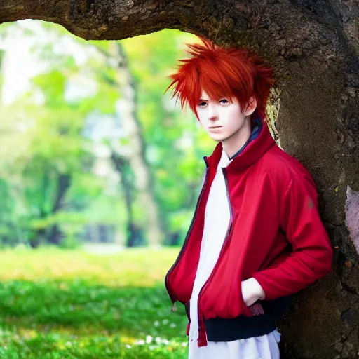 Image similar to red - haired anime boy, 1 7 - year - old anime boy with wild spiky hair, wearing red jacket, standing under tree house in city plaza,, ultra - realistic, sharp details, subsurface scattering, intricate details, hd anime, 2 0 1 9 anime