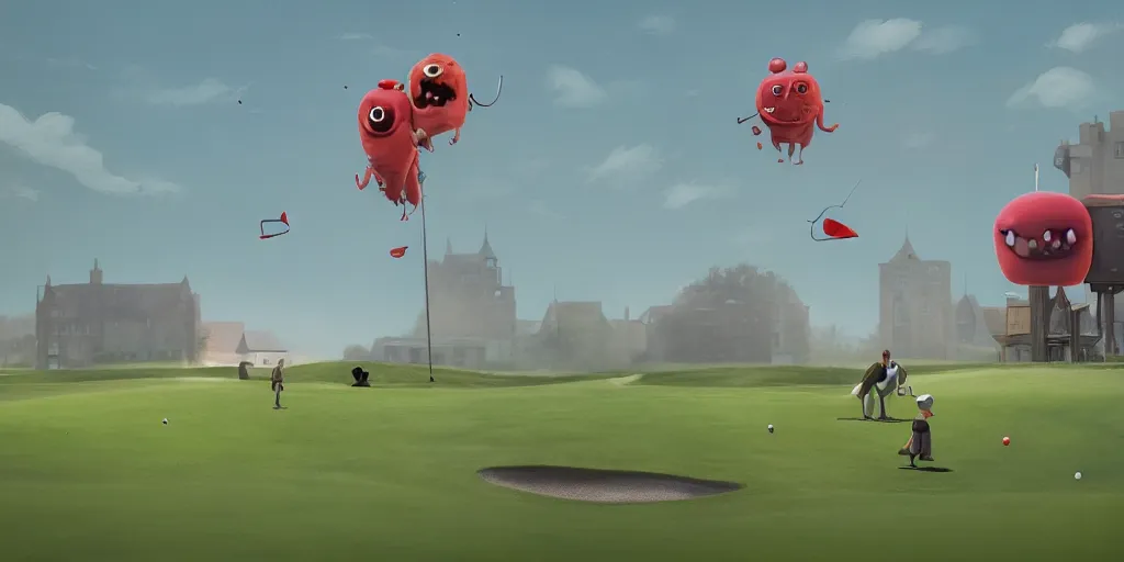 Prompt: cute cartoon monsters golfing at St Andrews Scotland by Goro Fujita and Simon Stalenhag , 8k, trending on artstation, hyper detailed, cinematic