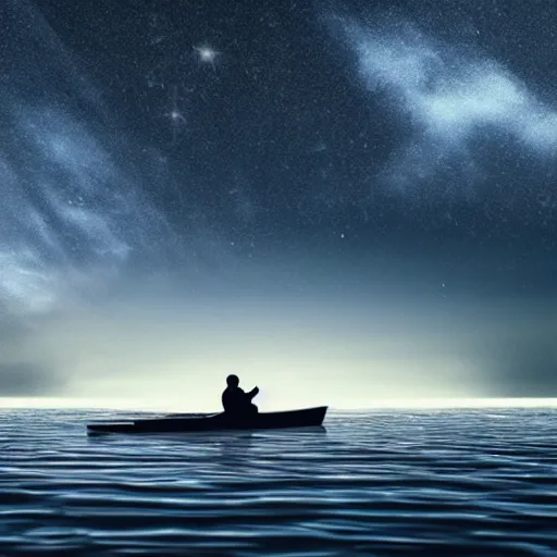 Image similar to A man rowing a boat through space, there are stars all around, photorealistic.