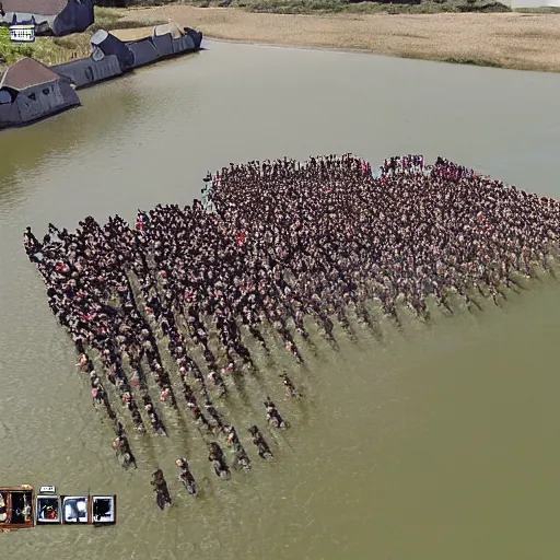 Image similar to birds eye view of the normandy landing in the style of saving private ryan and age of empires