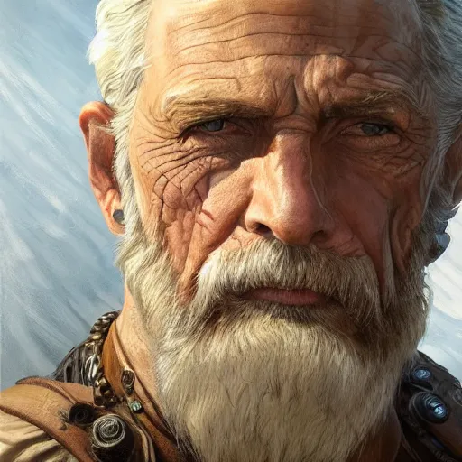 Image similar to portrait of a rugged ranger, handsome, muscular, 76 years old, D&D, fantasy, intricate, elegant, highly detailed, digital painting, artstation, concept art, matte, sharp focus, illustration, art by Artgerm and Greg Rutkowski and Alphonse Mucha