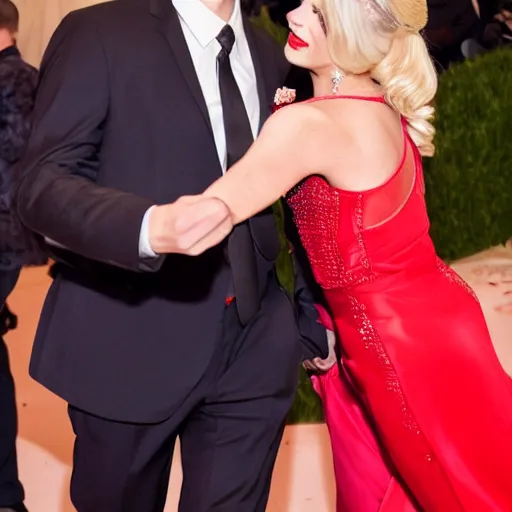 Image similar to a very handsome man in a suit dancing with a blonde woman in a red dress a the Met Gala