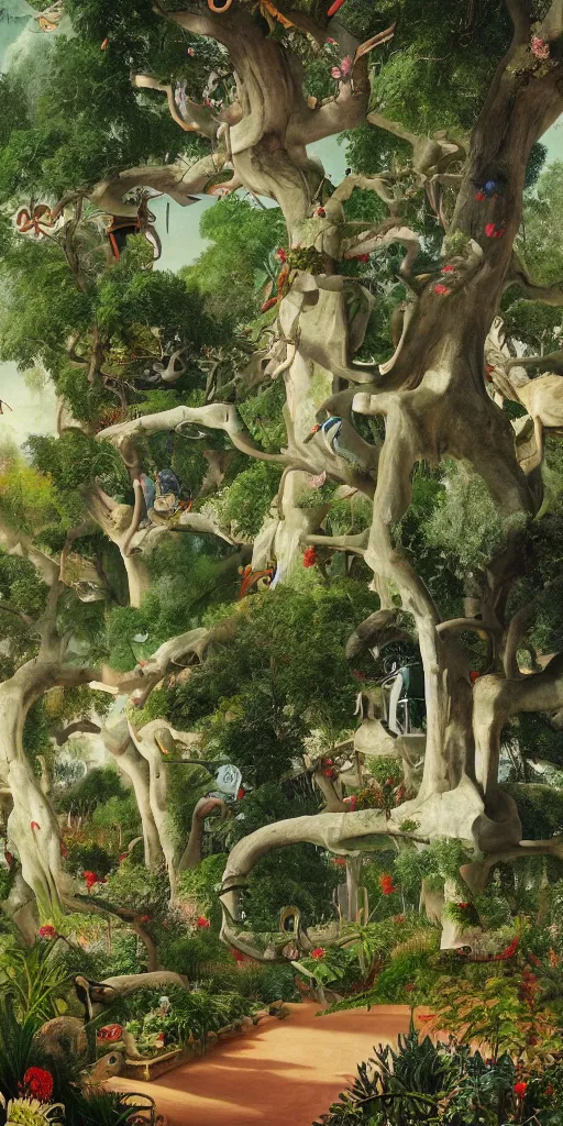 Image similar to bosch and beeple painting of a magnificent garden filled with remarkable sculptures, trees, and structures, incredible details