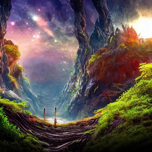 Prompt: photo of a beautiful alien landscape, on an alien planet, lush vegetation made up of alien plants, universe in the background, matte painting