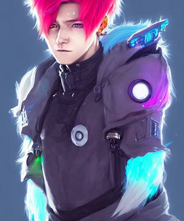 Image similar to character concept art of a cute cyberpunk boy with colorful hair and wolf ears and freckles | | cute - fine - face, pretty face, key visual, realistic shaded perfect face, fine details by stanley artgerm lau, wlop, rossdraws, james jean, andrei riabovitchev, marc simonetti, and sakimichan, trending on artstation