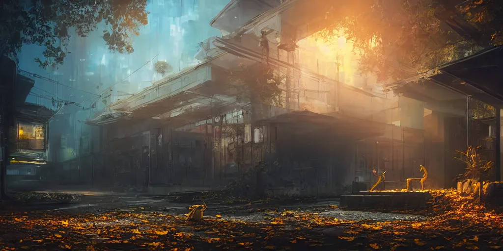 Prompt: A yellow baby rabbit is painting, cyberpunk temple, sunset with falling leaves, Tyndall rays, low angle, light through the mist, dramatic lighting, photorealistic, cinematic lighting, high detail, cinematic feel, high octane, 4K, Unreal Engine, digital render, intricate, ultra realistic, concept art