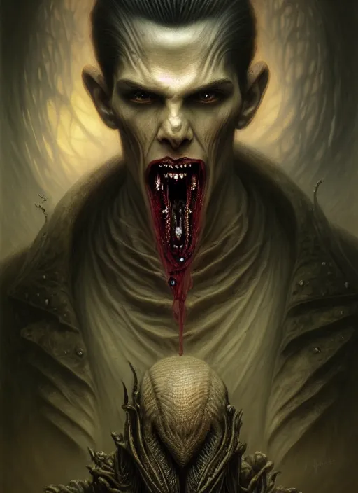 Prompt: portrait shot of a male vampire, a scenic dystopian environment, lovecraftian, intricate, elegant, highly detailed, centered, digital painting, artstation, concept art, smooth, sharp focus, illustration, artgerm, tomasz alen kopera, peter mohrbacher, donato giancola, joseph christian leyendecker, wlop, boris vallejo