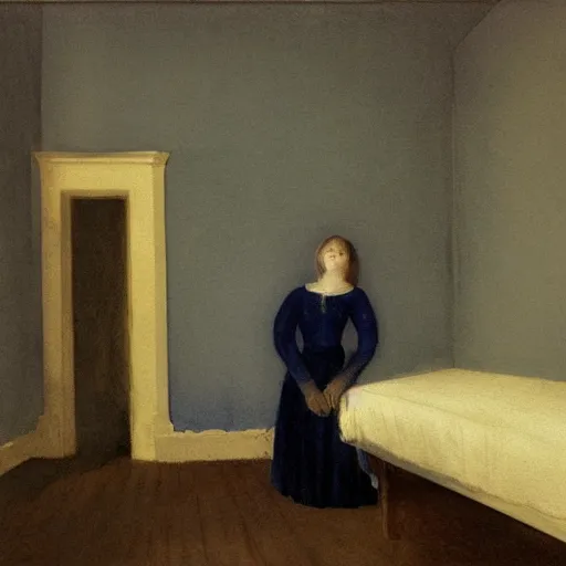 Image similar to close up of a girl in a blue and gold haunted liminal abandoned room, watercolor by goya, by hammershøi, art noveau, highly detailed, lights by edward hopper, liminal, eerie, bright pastel colors