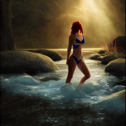 Image similar to redhead beautiful girl bathing in a river, night, moonlight,, beautiful landscape, cinematic, relaxing, extremly high detail, photorealistic, cinematic lighting, post processed, concept art, artstation, matte painting, style by greg rutkowsky