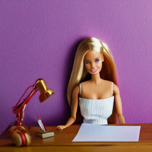 Prompt: a barbie doll with an exhausted look on her face sits at a desk with large stacks of paper on it. her head is resting on her hand. she looks exhausted. stock photo, golden hour, photorealistic, render