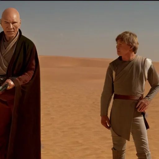 Prompt: patrick stewart as luke skywalker on tatooine