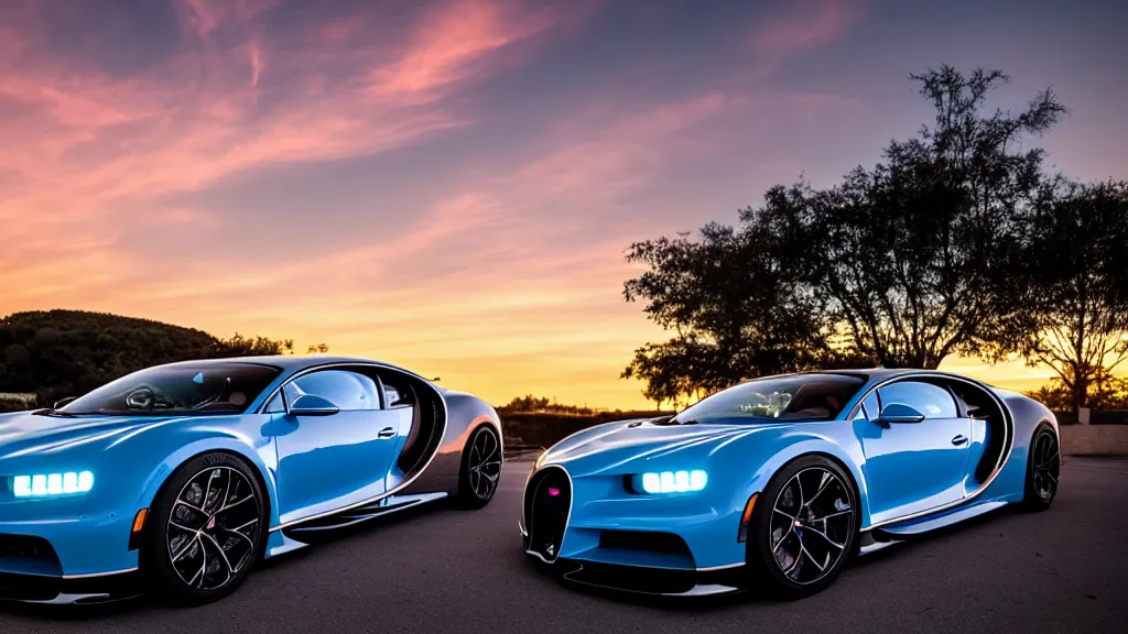 Image similar to synthwave bugatti chiron at sunset