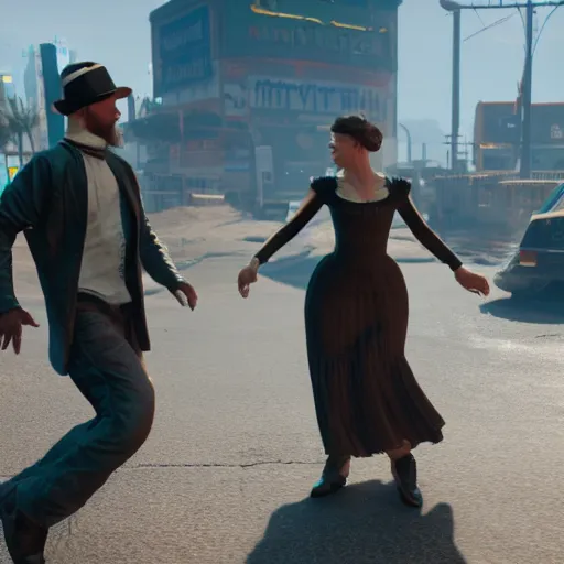 Image similar to Dancing mennonite. Cyberpunk 2077. CP2077. 3840 x 2160