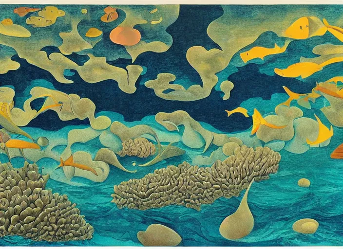 Image similar to an underwater landscape painted by, mc escher, gordon onslow ford, georgia o'keeffe and ippolito caffi,