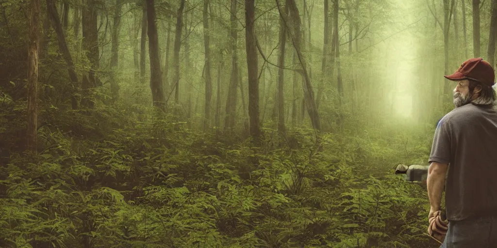 Prompt: stephen king film of a caucasian american bearded man alone in a lush green forest, wearing a baseball hat, japanese illustration, 1 9 8 0 s style, apprehensive mood, man is carrying a rifle, alone, matte illustration, apocalyptic vibes