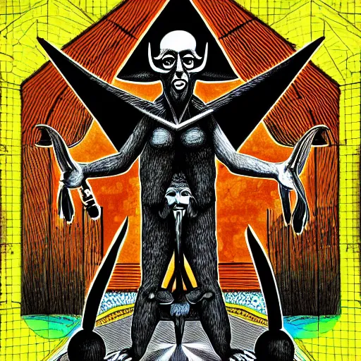 Image similar to graphic illustration, creative design, baphomet with aleister crowley, biopunk, francis bacon, highly detailed, hunter s thompson, mixed media