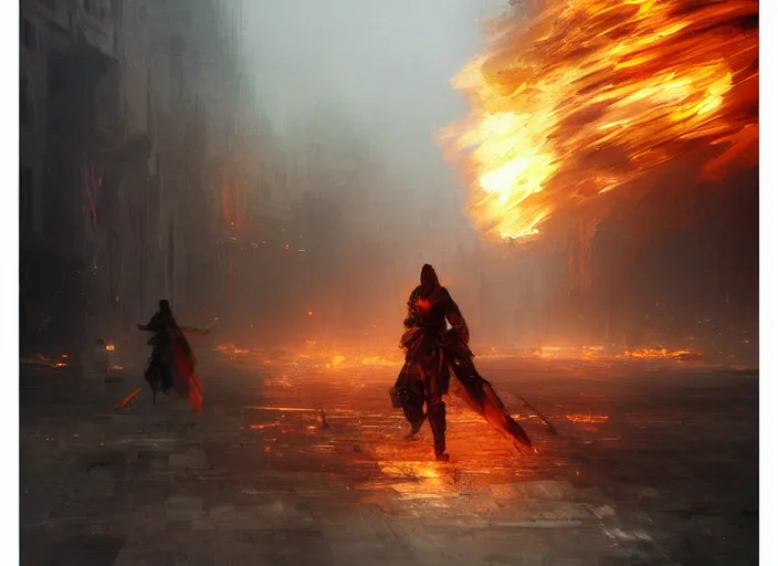 Image similar to knights go away destroyed fire volumetric lighting, digital painting, highly detailed, artstation, sharp focus, illustration, concept art, ruan jia, steve mccurry, amazing composition