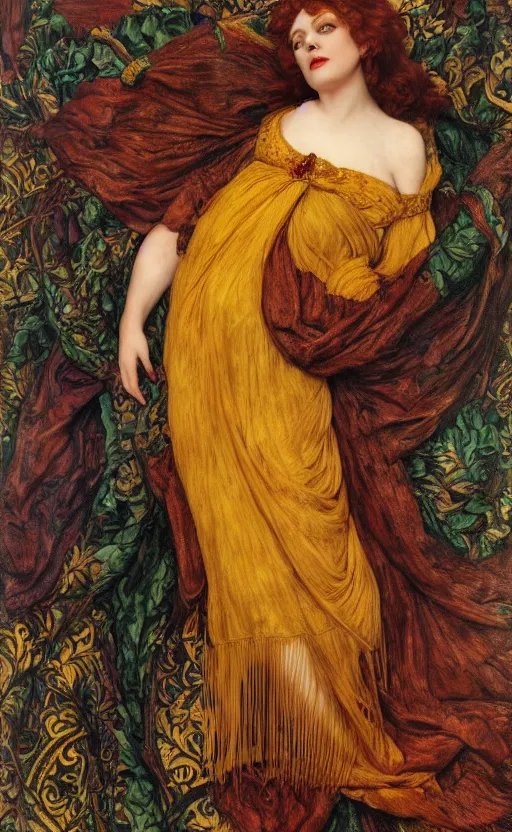 Image similar to preraphaelite full body portrait photography masterpiece hybrid of judy garland and florence welch, reclining, brown hair fringe, yellow ochre ornate medieval dress, kilian eng and william holman hunt, frederic leighton, ford madox brown, william morris, framed 4 k