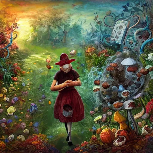 Image similar to Hell and heaven, captured in bottles, an elderly mushroom walking their pet snail, The Autumn Plague Gardener, the theme of Alice in Wonderland, digital painting, its softness partakes of fluidity, illustration, deep dark, artstation, intricate, biodiversity in a world of change and constancy, ue5, by deiv calviz and bossmonsterbani