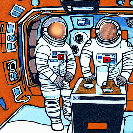 Prompt: astronauts in spacestation getting coffee, digital art