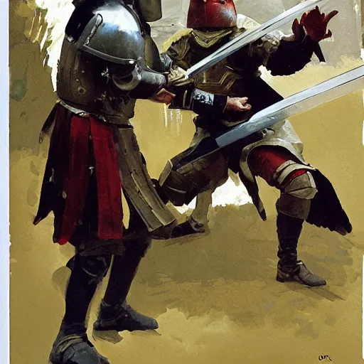 Prompt: man wearing gambeson and bascinet helmet, swinging sword, fighting, detailed by greg manchess, craig mullins, bernie fuchs, walter everett