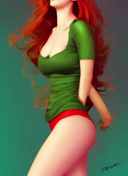 Image similar to full body portrait of teenage cheryl blossom, bangs, green eyes, mischievous expression, red hair, sultry smirk, bangs and wavy hair, intricate, elegant, glowing lights, highly detailed, digital painting, artstation, concept art, smooth, sharp focus, illustration, art by wlop, mars ravelo and greg rutkowski