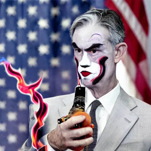 Image similar to detailed photo of Jerome Powell with whiteface clown makeup using a flamethrower projecting a long flame, highly-detailed