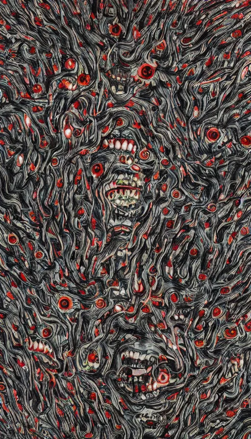 Image similar to a storm vortex made of many demonic eyes and teeth, by zeng fanzhi