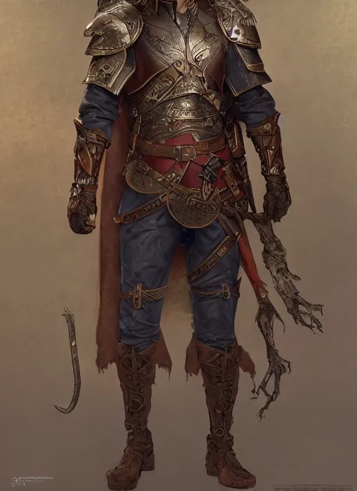 Image similar to full body portrait of a male half elf in fireproof leather armor wearing a utility belt and goggles, D&D, fantasy, intricate, cinematic lighting, highly detailed, digital painting, artstation, concept art, art by Terry Moore and Greg Rutkowski and Alphonse Mucha