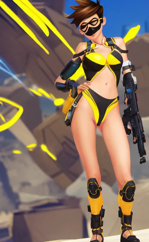 Image similar to tracer game character, in yellow bikini, blonde hair, black eyes, full height