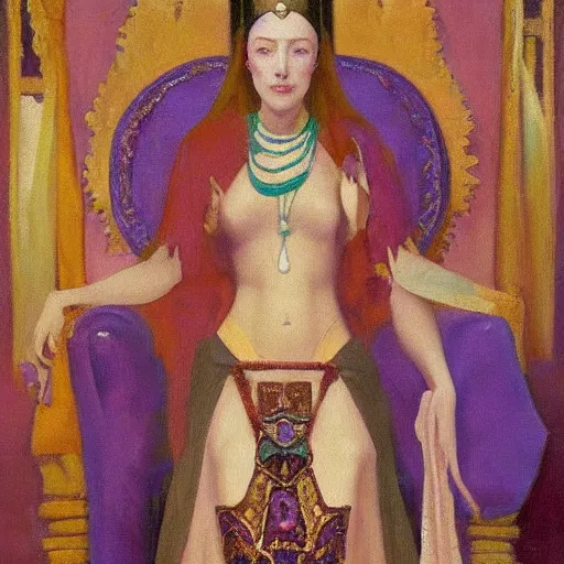 Prompt: an oil painting a queen standing in a throne room by nicholas roerich, by gustave moreau, by james hawe, by frank frazetta, by georgia o keeffe, oil painting