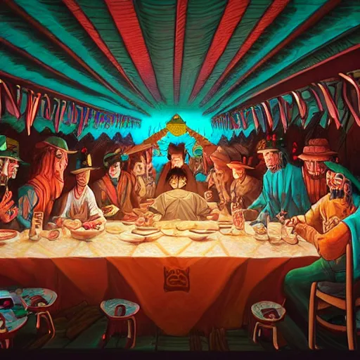 Image similar to the last supper in a mexican restaurant, sombrero, ponchos, by dan mumford, yusuke murata, makoto shinkai, ross tran, cosmic, heavenly, god rays, intricate detail, cinematic, 8 k, cel shaded, unreal engine, featured on artstation, pixiv