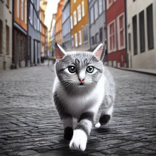 Prompt: a portrait of a cute gray and white striped cat, walking down a street in Copenhagen, Danish architecture, trending on cg society, 3d zbrush render with fur, rim lighting, digital oil painting by Norman Rockwell